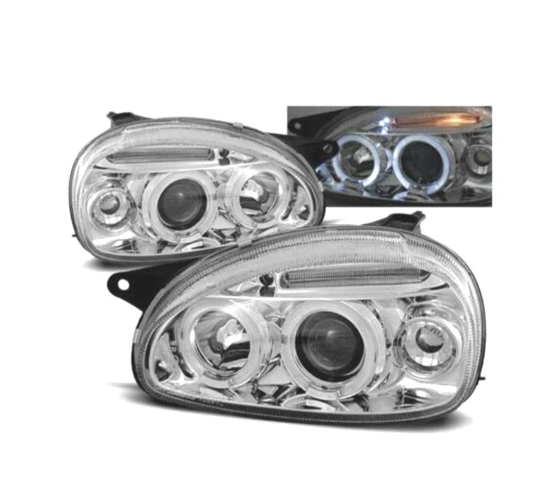 FARÓIS ANGEL EYES OPEL CORSA B 93-00 FUNDO CROMADO MAN.