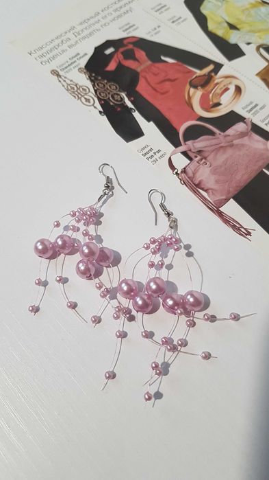 Серьги розовые бусины-ниточки