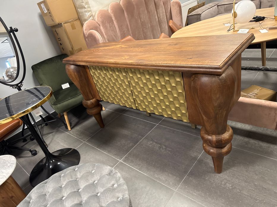 Konsola z drewna mango ze złotymi drzwiami i rzeźbionymi nogami