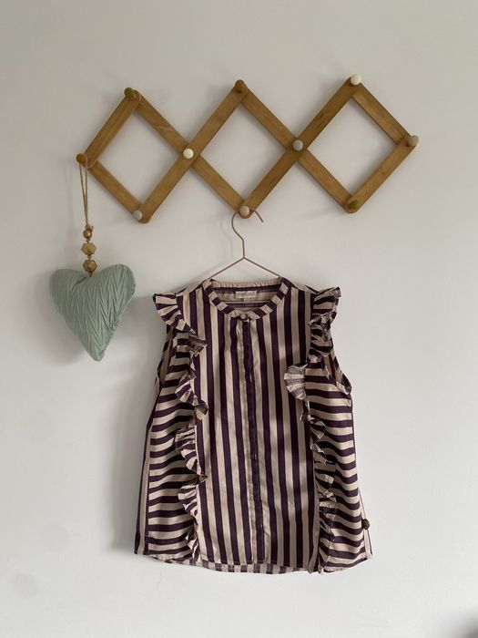 Bluzka POMPDeLUX 146/152 w paski Śliwkowo pudrowy róż falbany