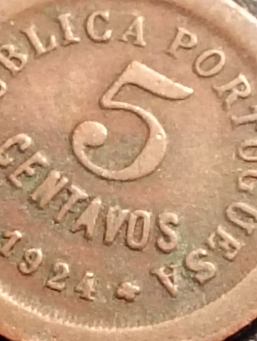 5 centavos - Republica Portuguesa 1924 - Bronze - Com erros de cunho
