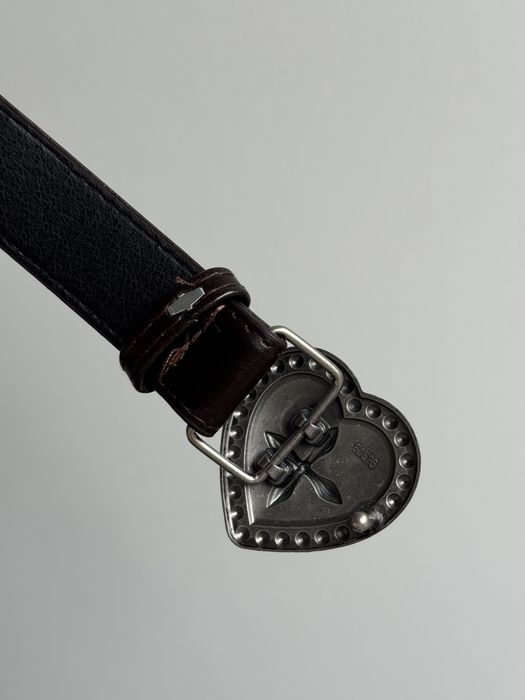 Ciemny brązowy pasek heart buckle brown belt silver heart cross boho y2k retro alt