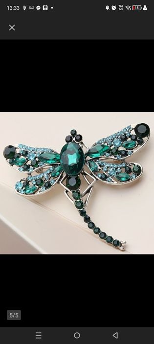 Nowa broszka ważka z kryształami i cyrkoniami duża szmaragdowa