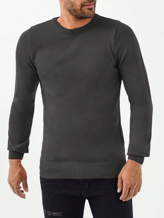 Sweter męski gładki szary klasyczny z okrągłym dekoltem casualowy L