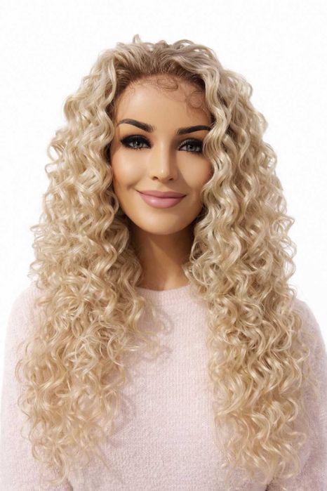 Peruka długa afro, loki blond z odrostem na mikroskórze -55cm-Nessaja