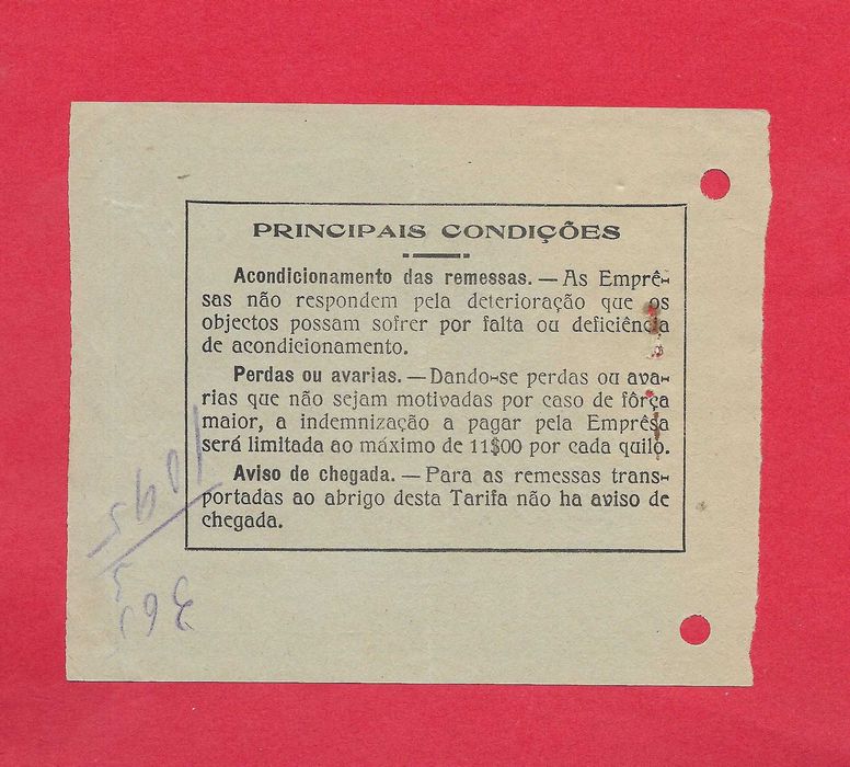 CP - Comboios de Portugal - Talão de envio especial  - Muito antigo 1940