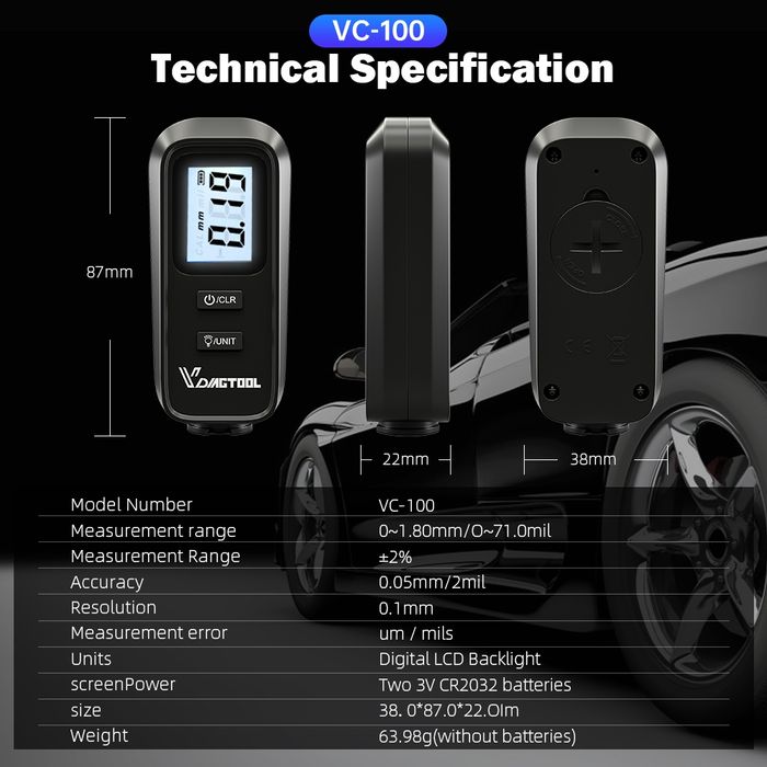 Толщиномер  VDIAGTOOL VC100, тестер лакокрасочного покрытия. Авто