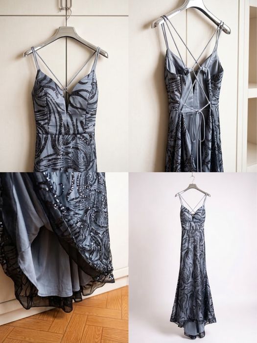 Vestido longo de festa jacquard azul escuro - costas entrelacadas