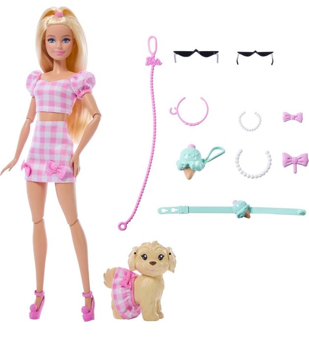 Barbie deluxe, Barbie twinning, барбі білявка в рожевому, барбі в однакових нарадах з собачкою