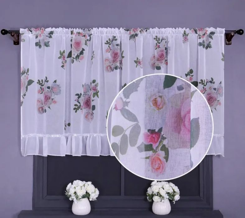 Gotowa firana z etaminy w kwiaty 150x300 z falbanką