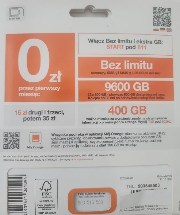 Starter ORANGE 503_545_503 Karta SIM UNIKATOWY Złoty Prosty Łatwy Nume