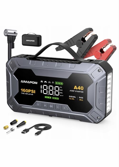 AIMAPOW  A40 Powerbank Rozruchowa z Kompresorem 8000A 27000mAh 160PSI LED 600LM