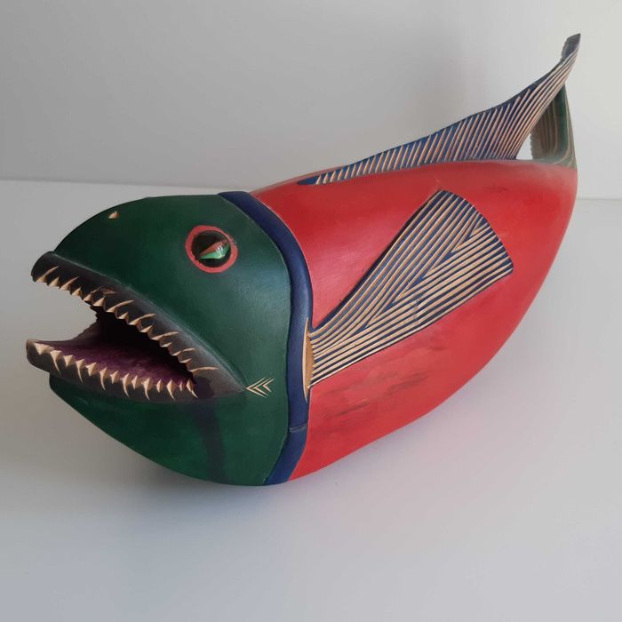 Escultura Madeira Arte Africana Angola Peixe Colorido 40cm