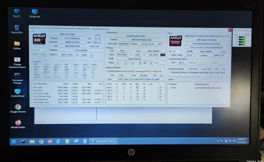 Laptop HP 655 G1 CPU A10-5750M RAM 4GB