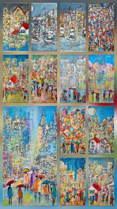 MIASTO obraz olejny 30x40 faktura farby RÓŻNE