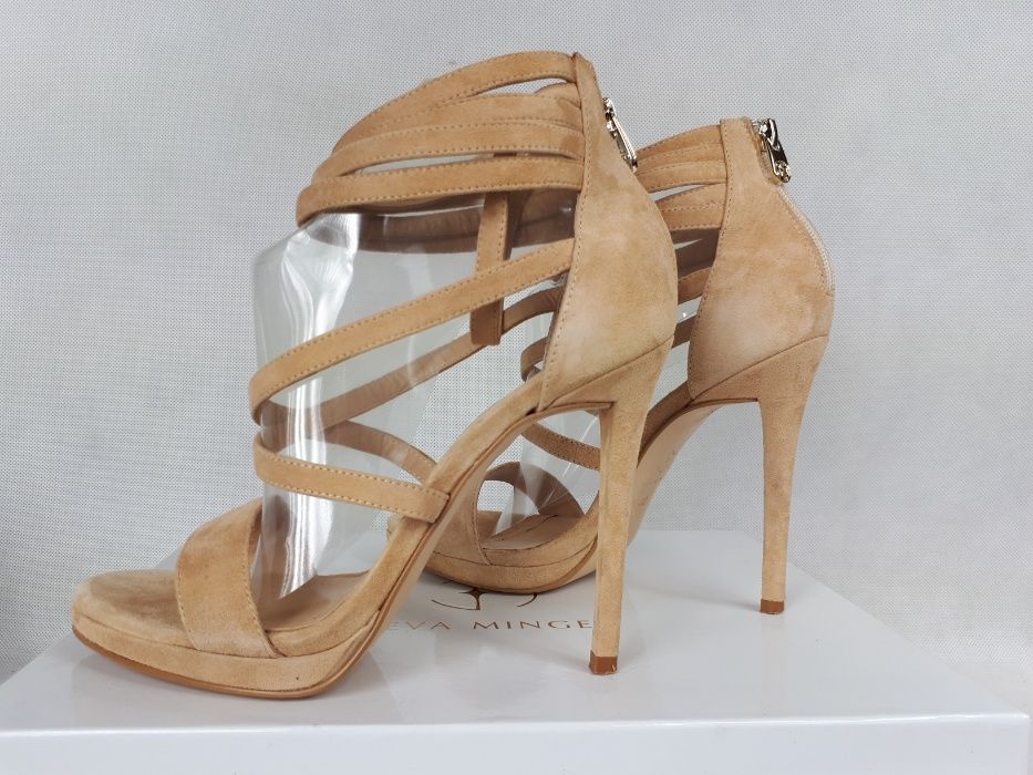 Ekskluzywne sandały EVA MINGE cieliste nude rzemyki szpilki skóra 40