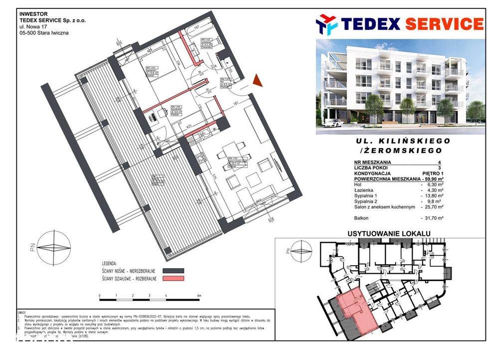 3-pokojowe mieszkanie 59m2 + balkon