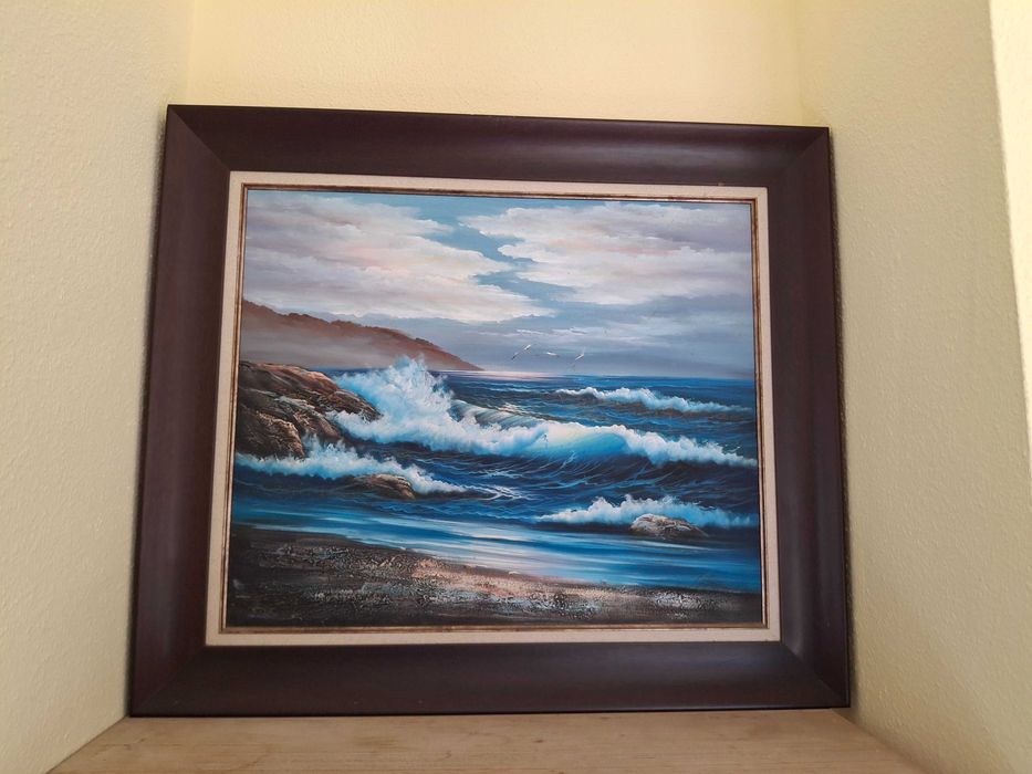 Quadro Pintura a Óleo "Marinha" com Moldura em Madeira Maciça - 78x68 cm
