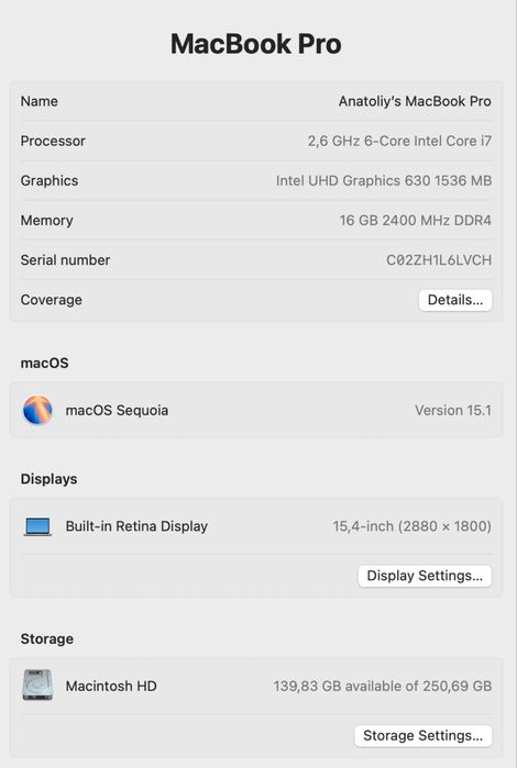 MacBook Pro 15” (2019) i7 / 16GB / 250GB SSD