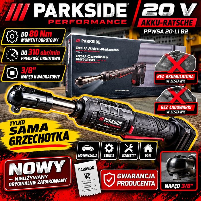 PARKSIDE PERFORMANCE PARP 20 Li grzechotka akumulatorowa 20V bezszczotkowa Brushless w walizce klucz grzechotkowy do warsztatu NOWA body bez aku ładi
