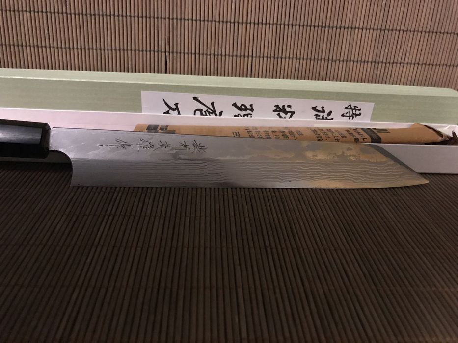 Японский кухоний ніж Кірітсуке Hideo (ручна ковка) дамаск shirogami 1