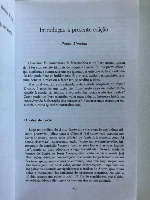 Livro "Conceitos Fundamentais da Matemática" – Bento de Jesus Caraça (Gradiva)