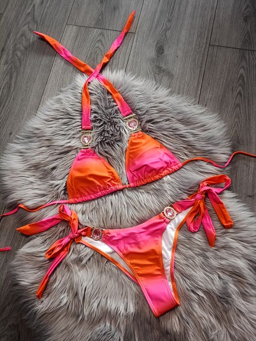 Bikini strój kąpielowy neon różowy pomarańczowy ombre cyrkonie kamieni