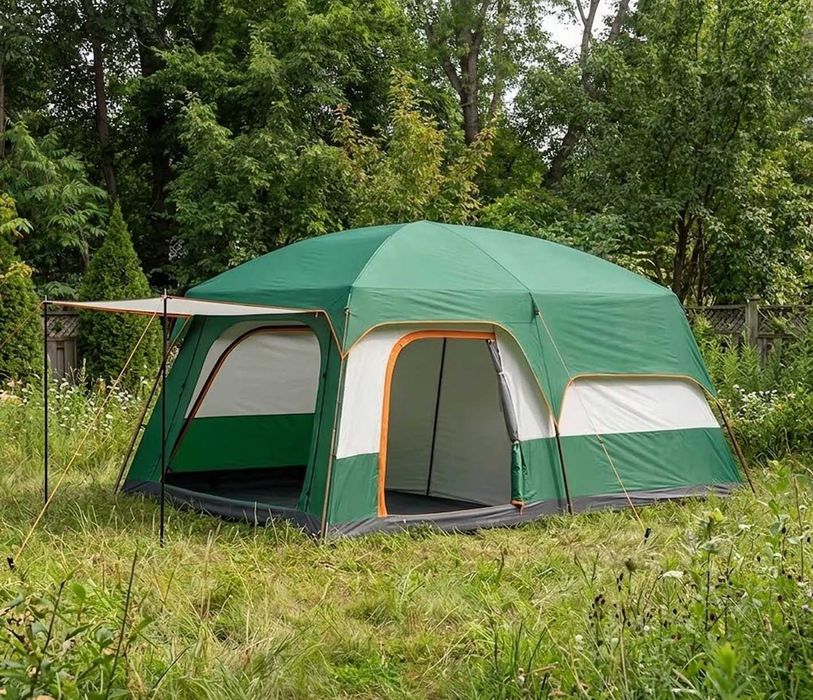 Namiot Kempingowy Rodzinny Duży 2-4 Osobowy Wodoodporny UV 2w1 Z Daszekiem Zielony NOWY Duży XXL 310x210x180 Cm + Akcesoria