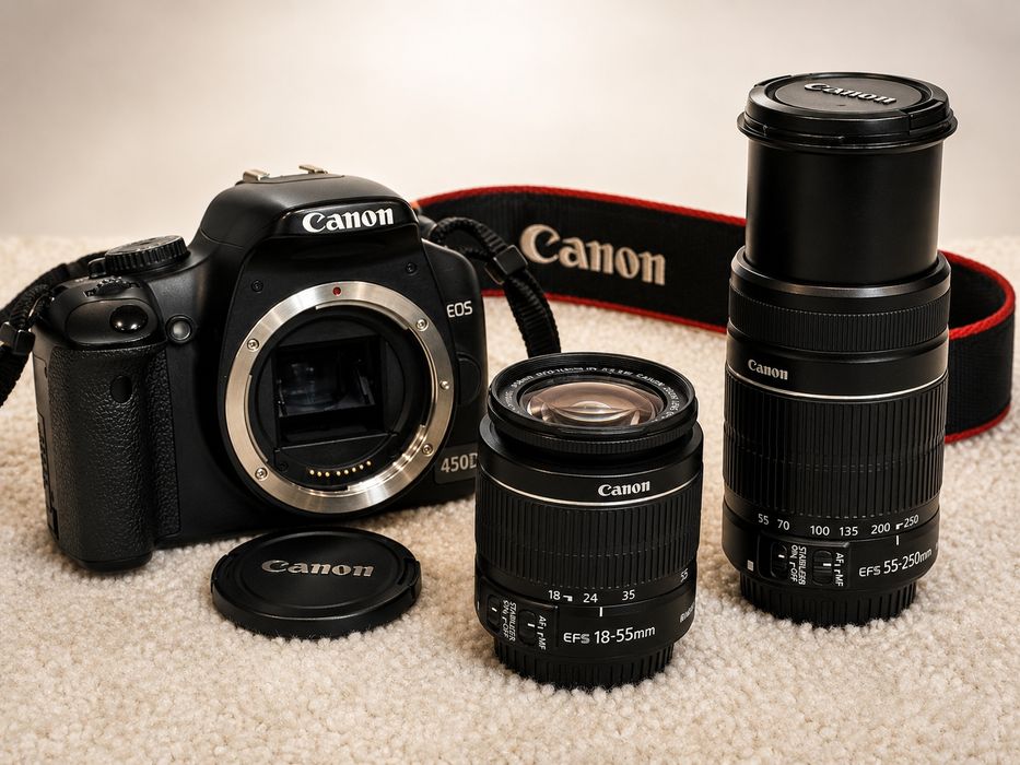 Kit Canon 450D + Objectiva EF-S 18-55mm f/3.5-5.6 IS + Teleobjetiva Canon EF-S 55-250mm f/4-5.6 IS + Bolsa