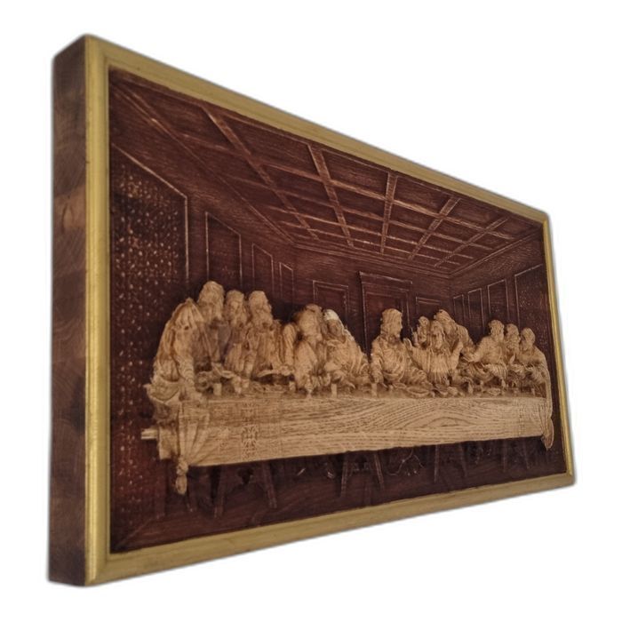 Ostatnia Wieczerza, płaskorzeźba dębowa w złotej ramie 55x29 cm