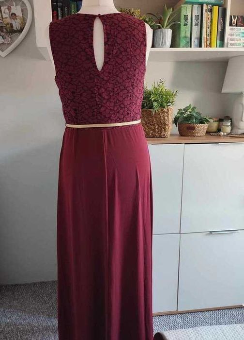 Bordowa sukienka maxi z koronką + złoty pasek 44/46