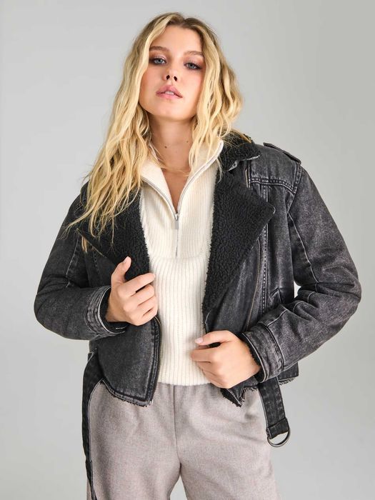 Ramoneska sherpa M/L grafitowy denim Sinsay kurtka biker wszyty kożuch