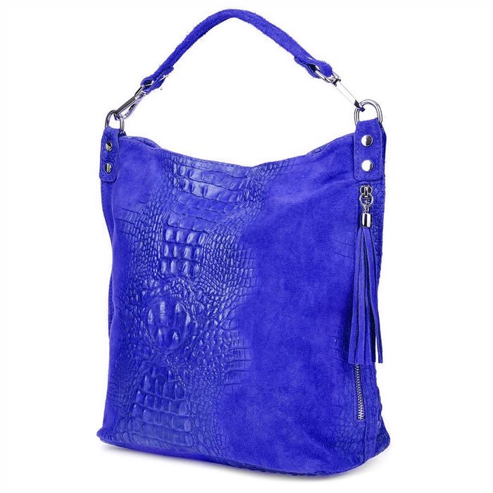 VERA PELLE torebka damska zamszowa worek kroko z paskiem V476 chabrowa