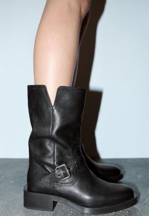 сапоги черевики казаки чорні zara зара натуральна шкіра