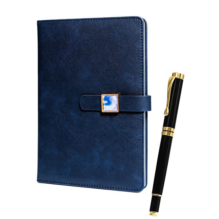 zestaw prezentowy: granatowy notes w linie i czarny długopis