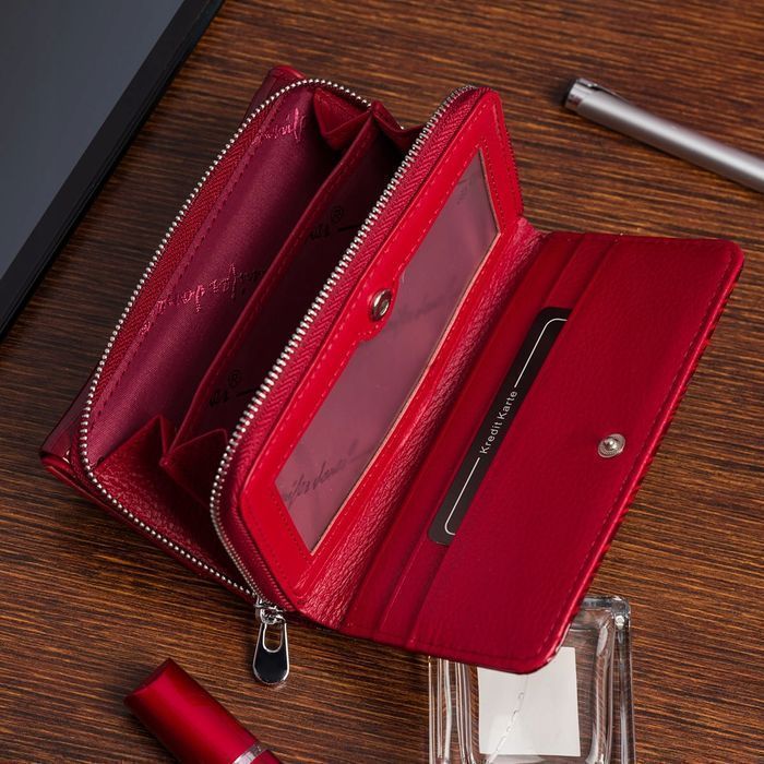 Portfel skórzany damski lakierowany na zamek karty pojemny RFiD duży