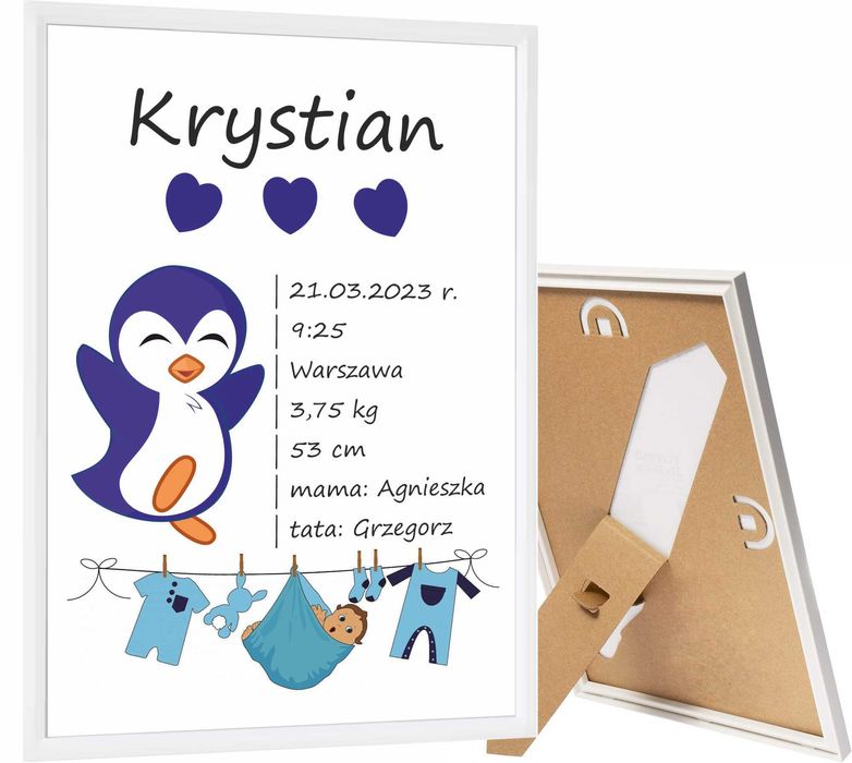 Personalizowana METRYCZKA dla dziecka NARODZINY CHRZEST + ramka! SUPER