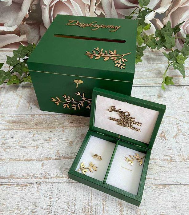 Pudełko na koperty i na obrączki butelkowa zieleń - złote gałązki