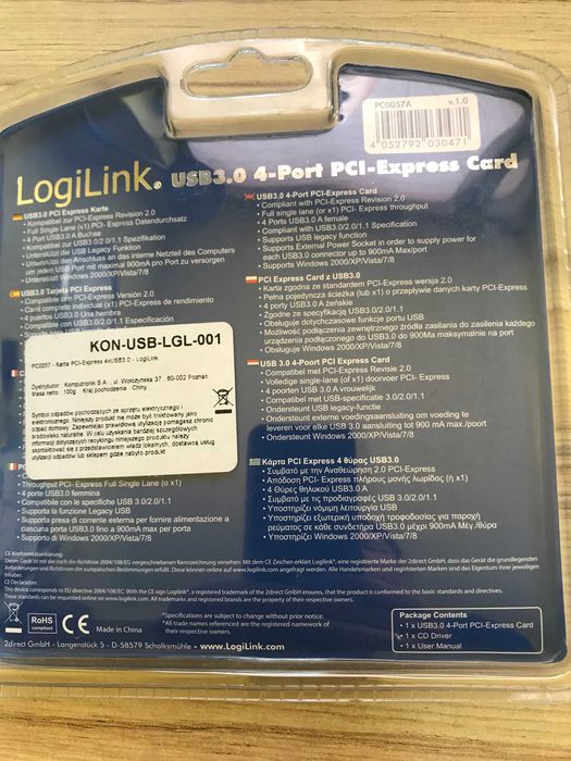 LogiLink kontroler PCI-E 4x USB 3.0 karta sieciowa
