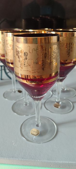 6 Фужеров,ГРАНАТ в ЗОЛОТІ.Богемія.Вінтаж.Чехословацьке скло .