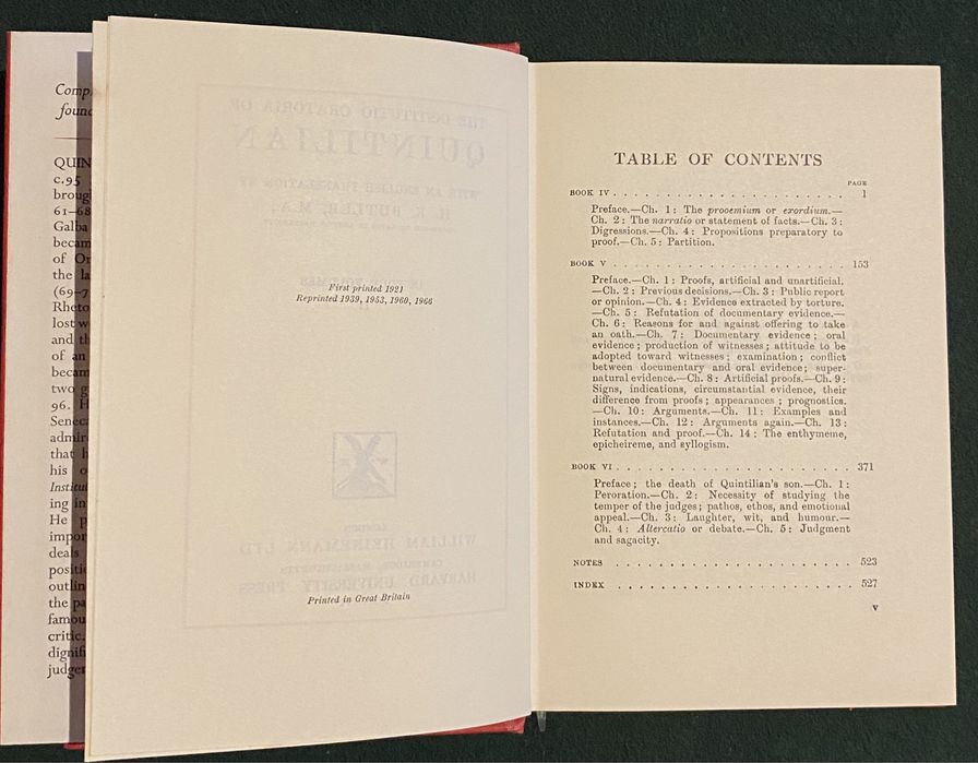 A Instituição Oratória de Quintiliano em quatro volumes