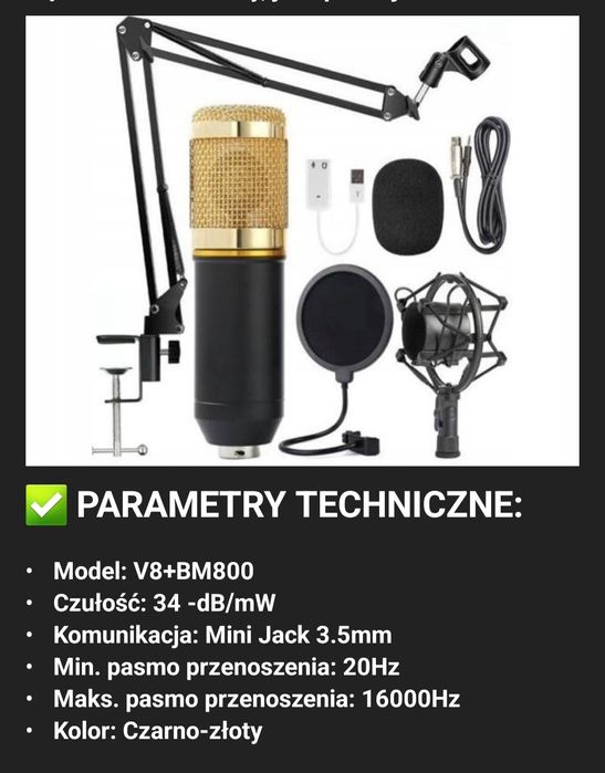 Mikrofon studyjny pojemnościowy  czuły + statyw