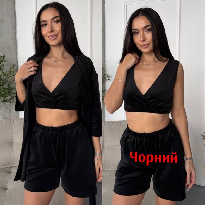 ‼️Жіноча велюрова піжама трійка: халат з поясом + топ + шорти. ОПТ та роздріб. Розмір 42-44, 46-48, 50-52