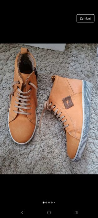 Musztardowe ocieplane trampki skórzane Elena Eden 38 wkł 25 cm botki