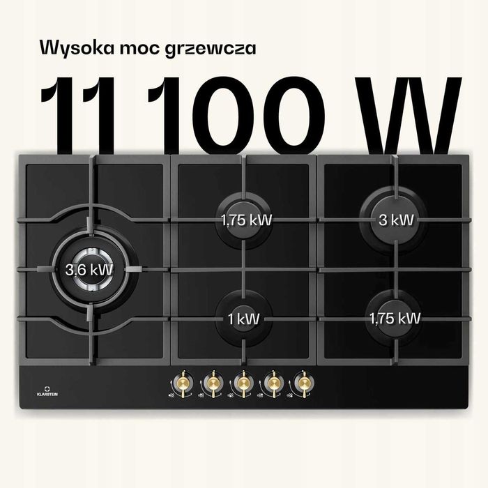 Płyta gazowa do zabudowy klarstein 5 palników 90cm szkło czarna