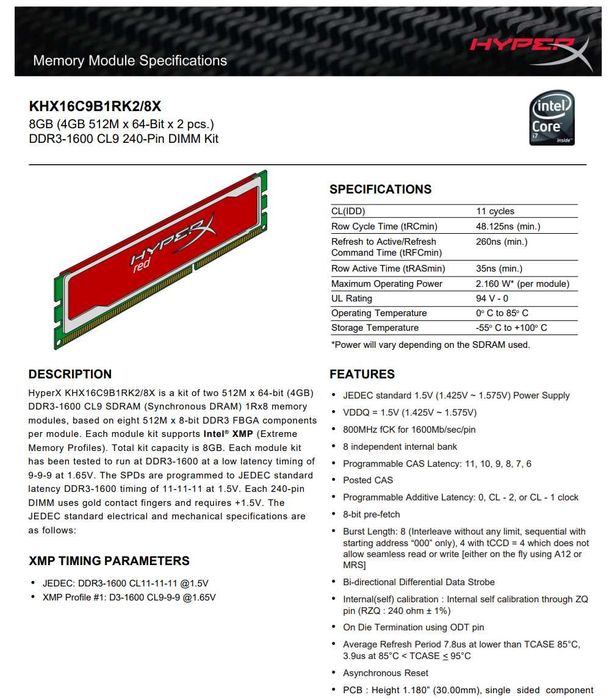 kingston 8 Gb KHX16C9B1RK2/8X