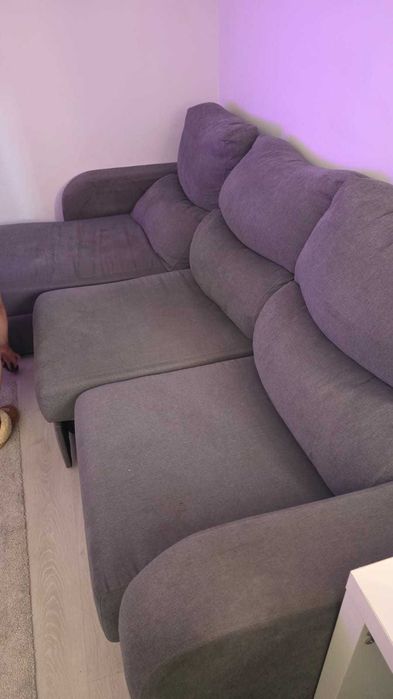 Sofá-cama de 3 lugares com chaise longue em tecido cinzento
