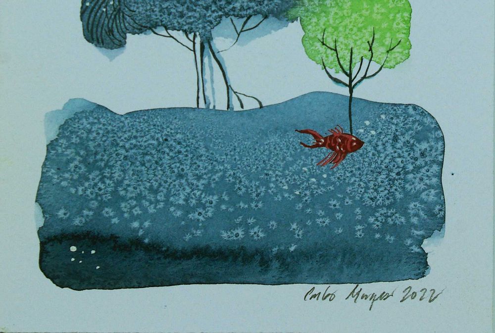 Aguarela original de Carlos Marques. Fantasia, surreal, 3 mundos