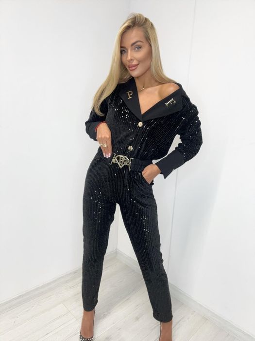 Elegancki kombinezon cekinowy złote dodatki logo paparazzi