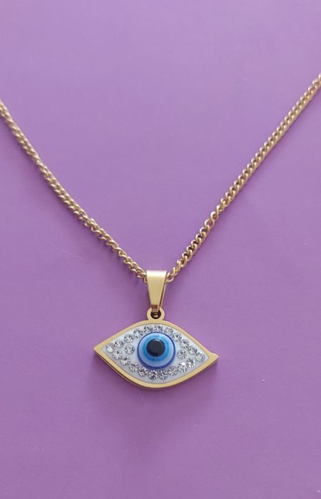 Colar dourado, em aço, com olho Turco azul